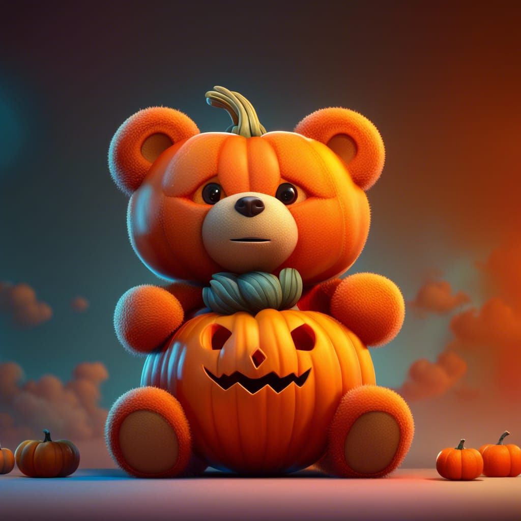 Teddy Bear with Pumpkin Head as Cloud: 3D Animation