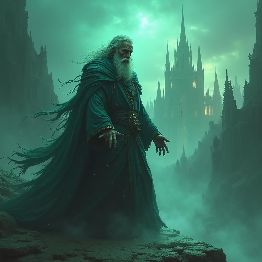 Ancient Sorcerer in Ethereal Cityscape: Digital Matte Painti...
