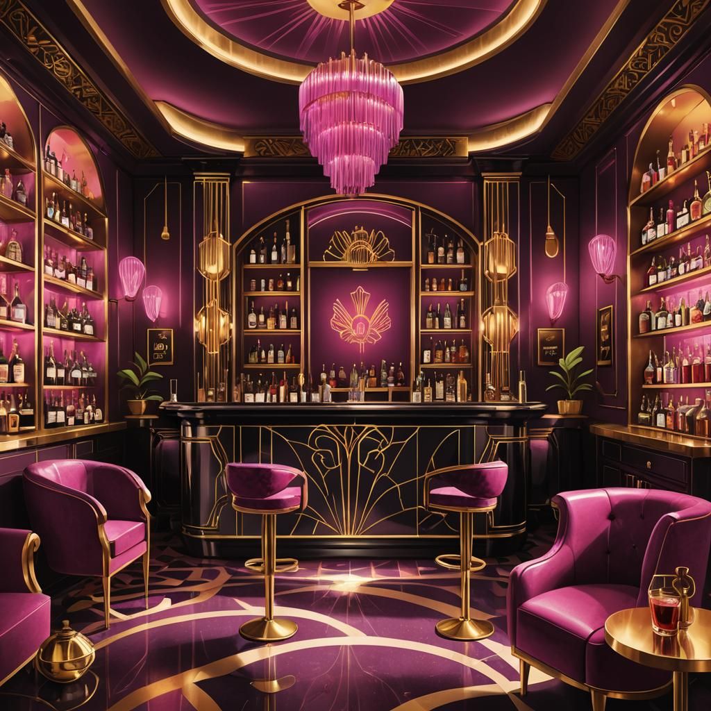 Art Deco Bar with Ornate Shelves and Golden Accents