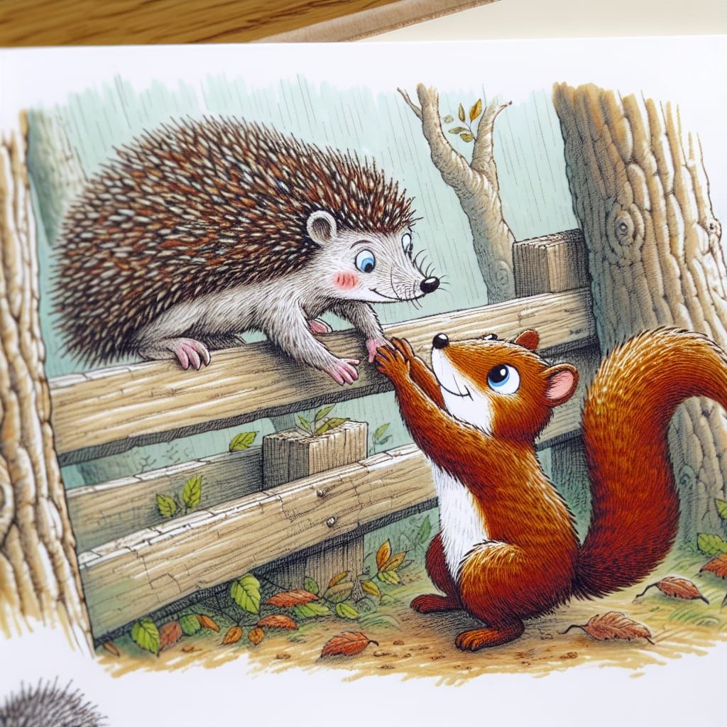 Hedgehog Helps Squirrel: Filigree Pen and Ink Illustration