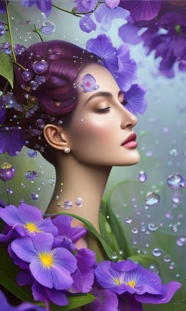 Hyperrealistic Violet Flower Portrait with Dew Drops