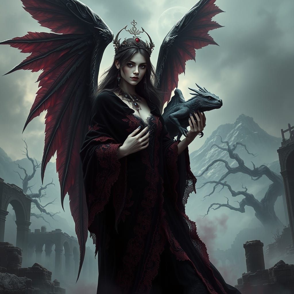 Majestic Gothic Fallen Angel with Bearded Dragon in Dark Fan...