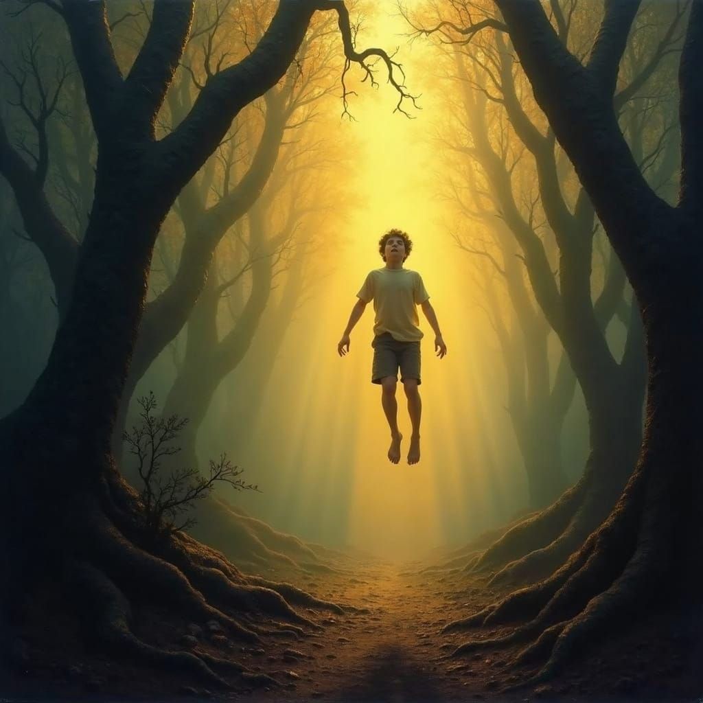 Teenager Falling in Ethereal Forest, Oil Painting