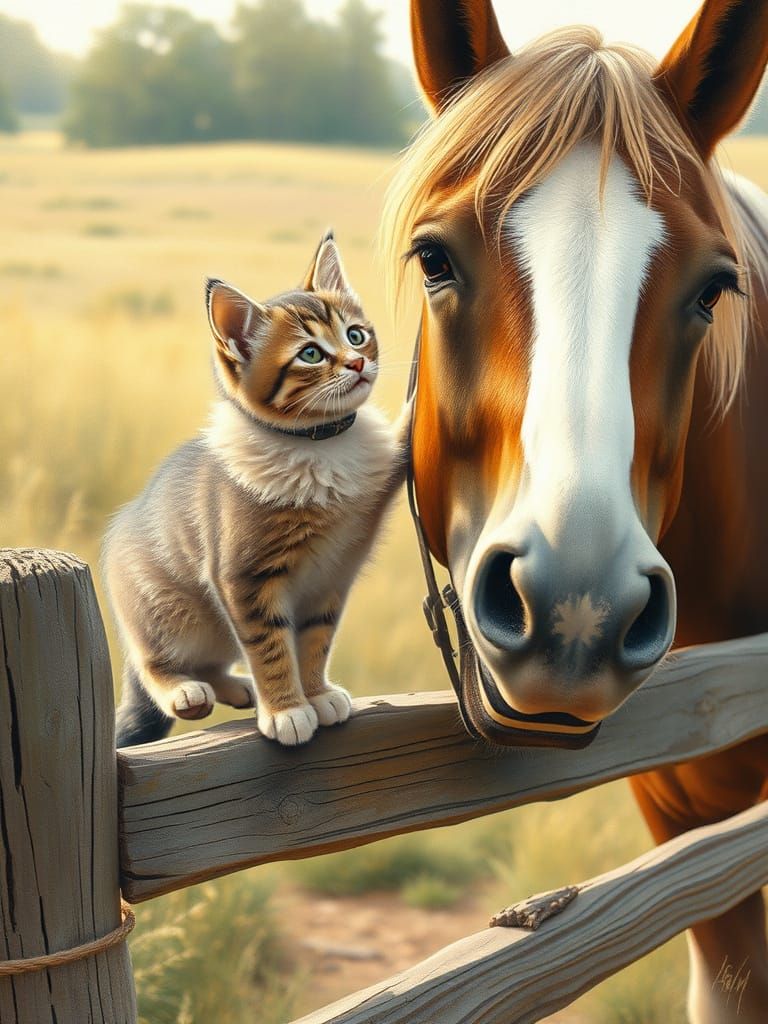 Kitten and Horse Nuzzle in Whimsical Illustration