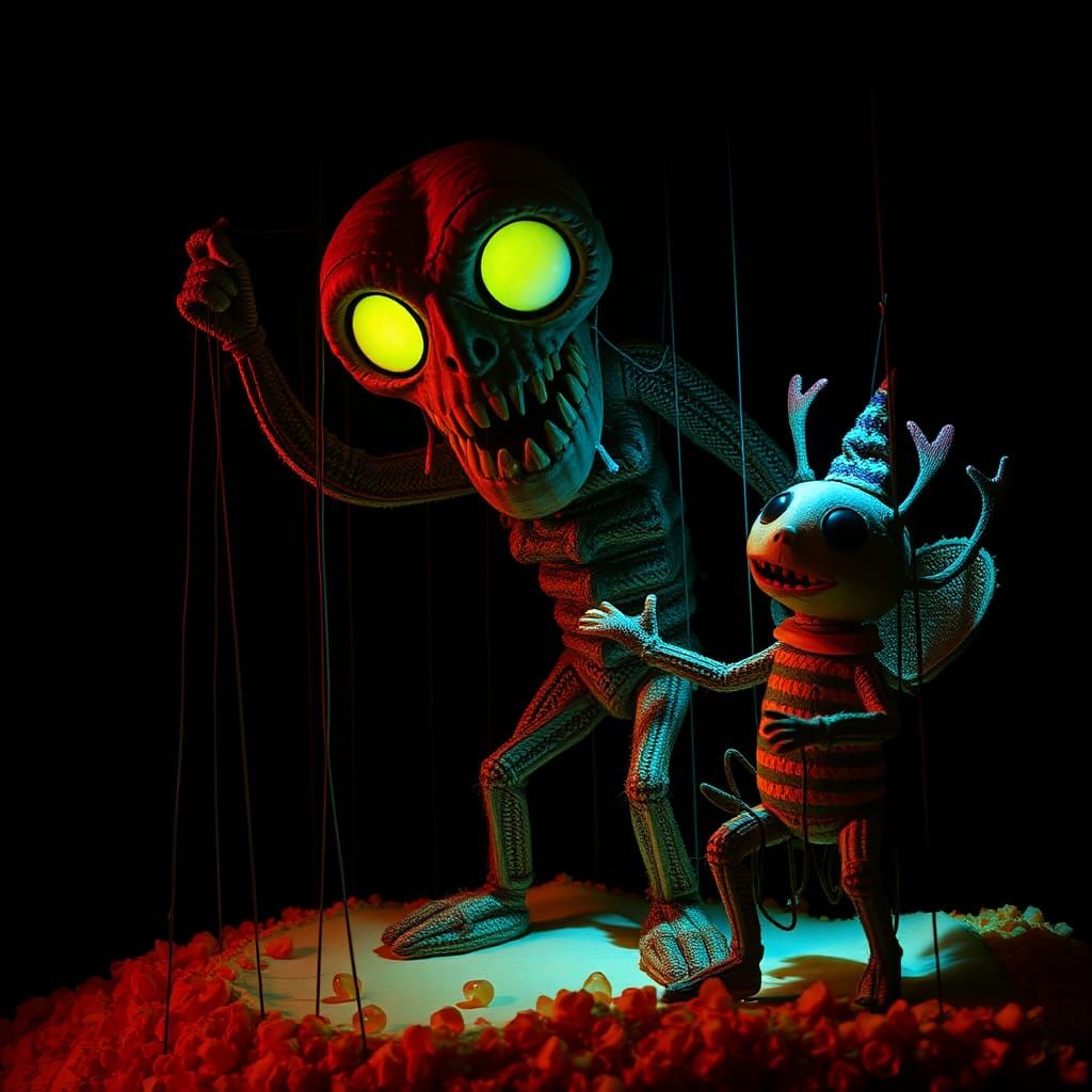 Klimt-Inspired Puppeteer in Massurrealist Night