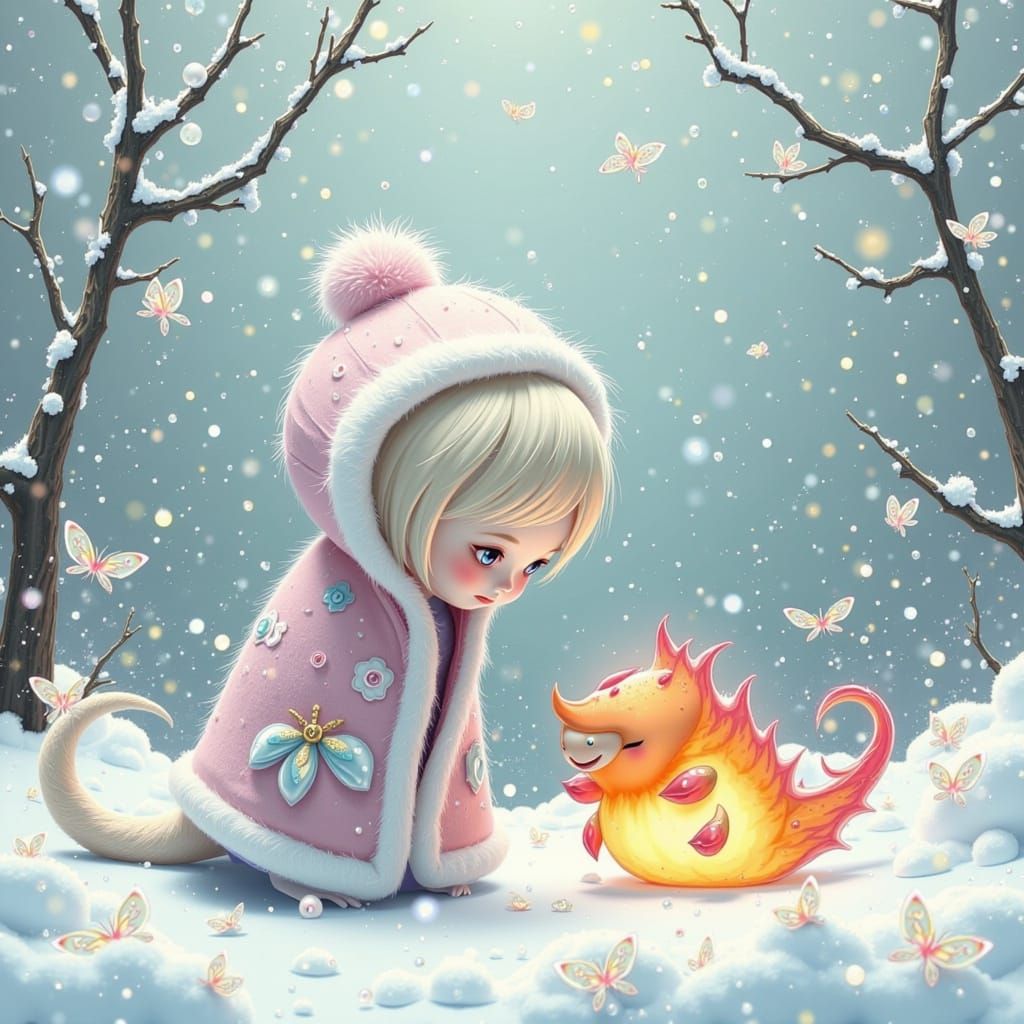 Fluffy Snowflake Meets Flame Critter in Dreamy Scene