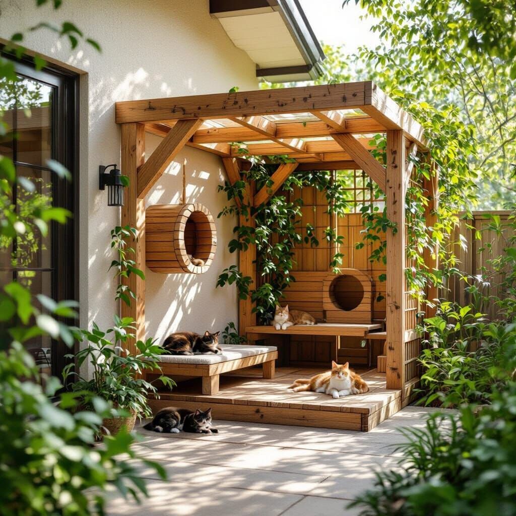 L-Shaped Wooden Catio in Dappled Sunlight