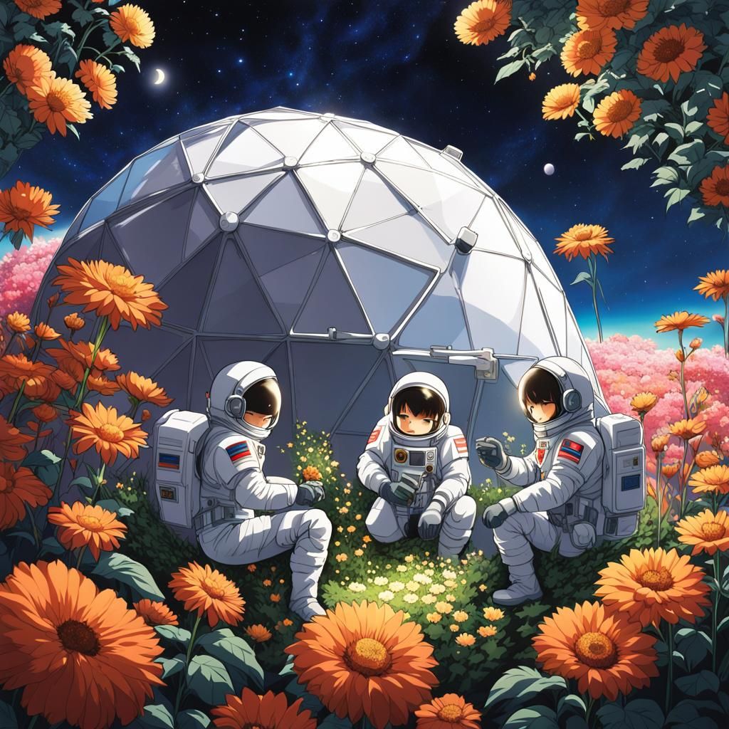 Lunar Gardeners: Anime Style Geodesic Dome on Moon
