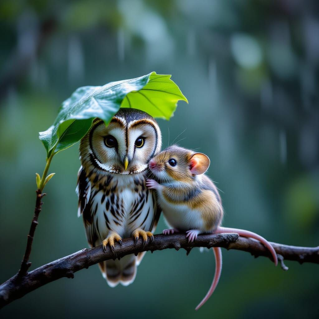 Owl and Mouse Share Leaf Shelter on Stormy Night