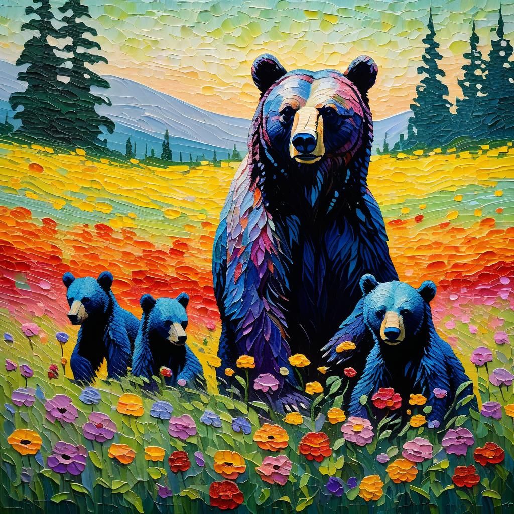 Pointillist Mother Bear and Cubs in Wildflower Field