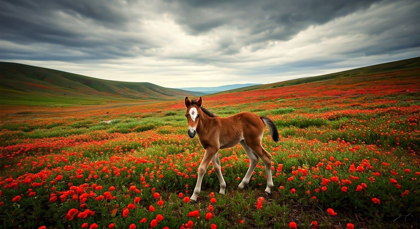 Vibrant Valley Landscape with Foal in Hyperrealistic HDR