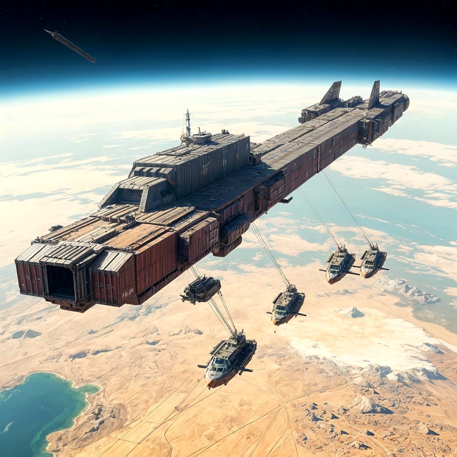 Detailed Cargo Spacecraft Above Alien World