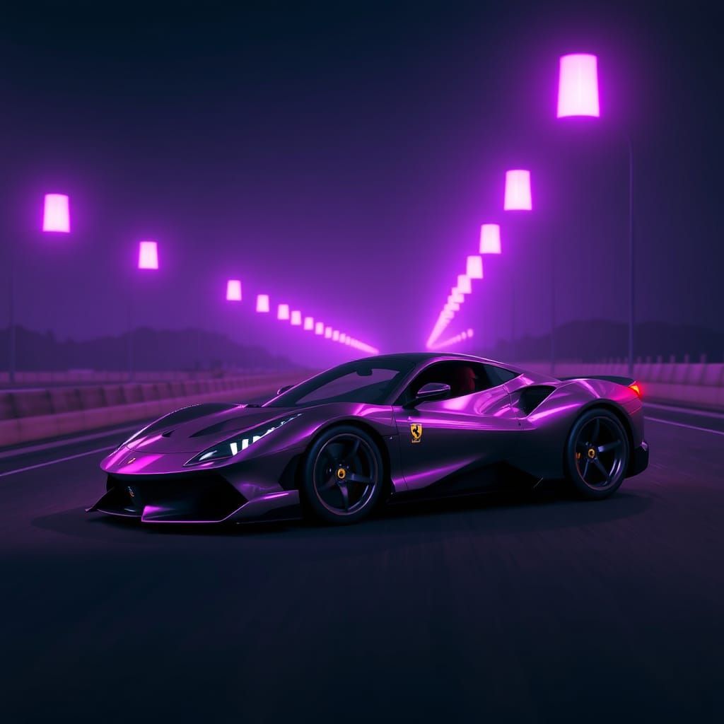 Ferrari Roma Speeding Down a Purple Lit Road