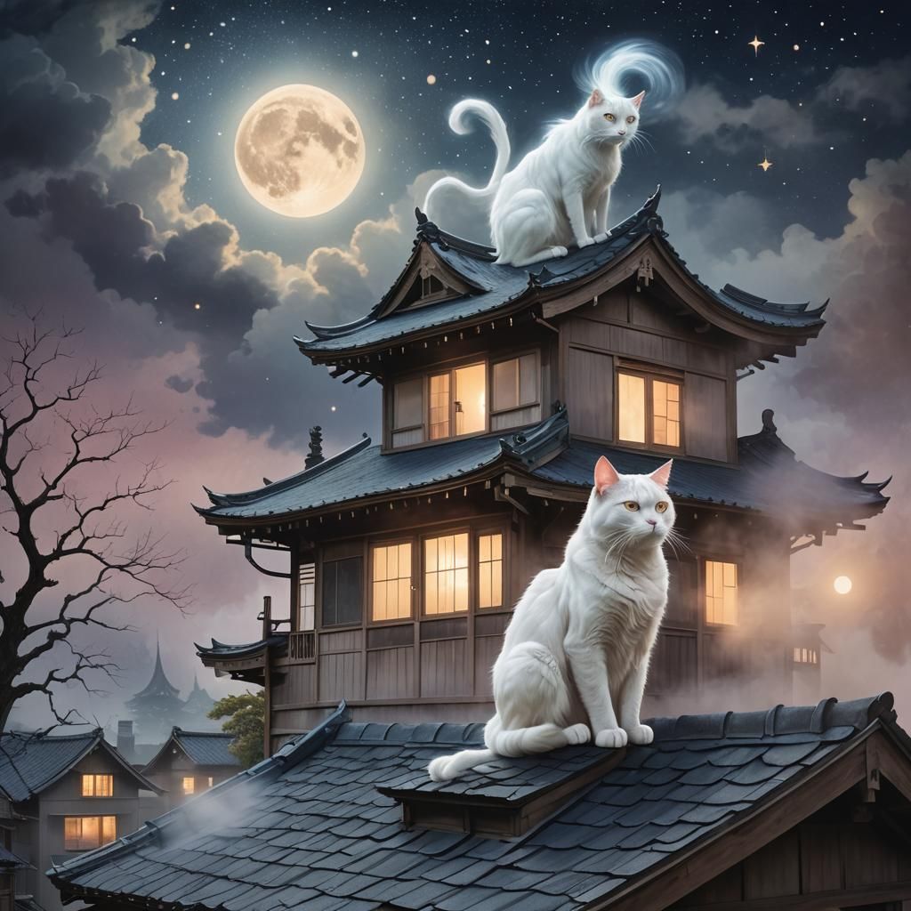 Ghost Cat on Roof in Japanese Surrealism