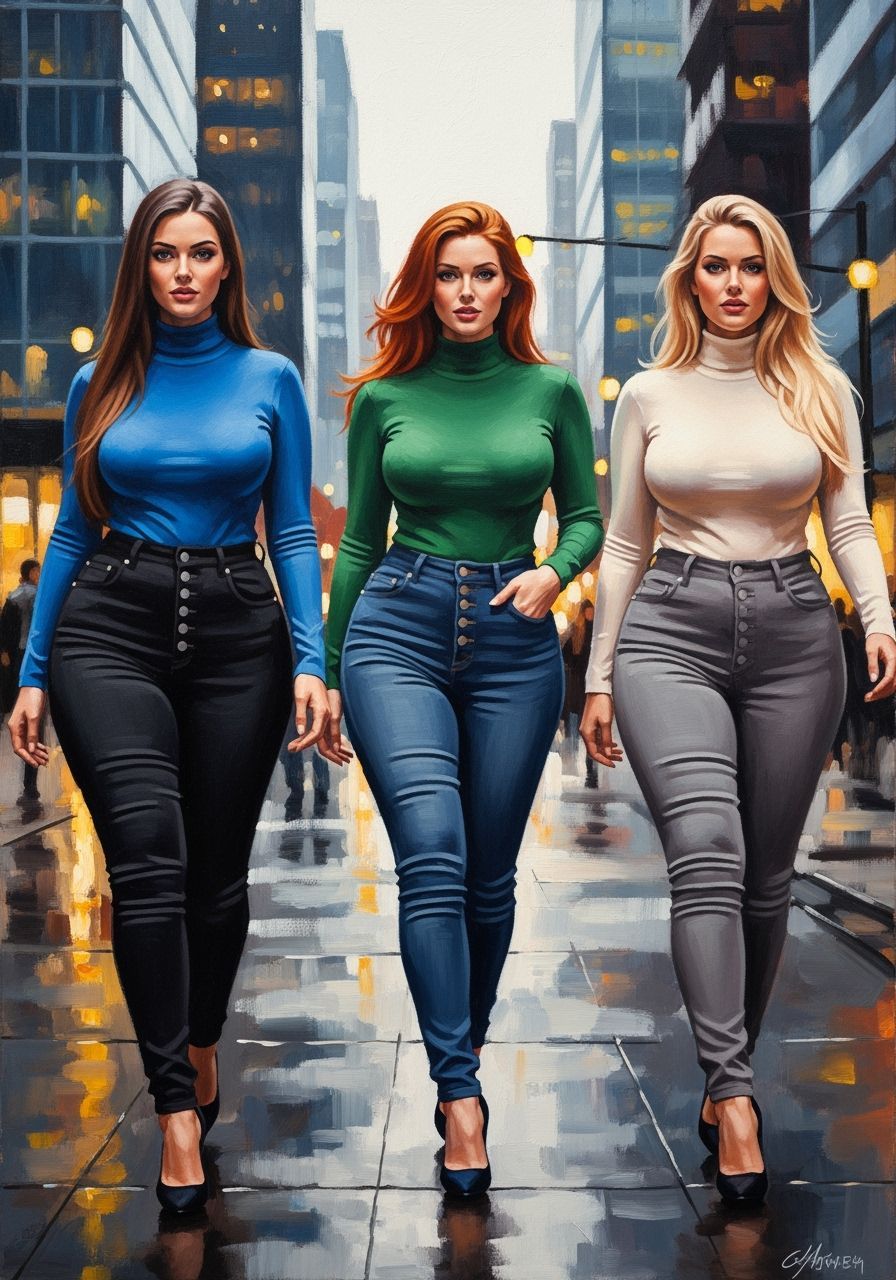 Confident Women in Cityscape, Expressive Oil Painting