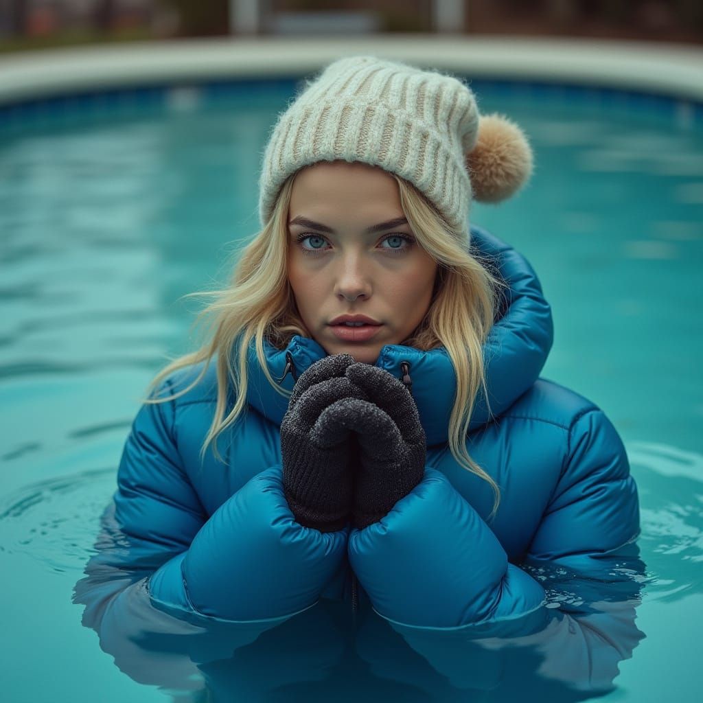 Blonde Woman in Winter Gear Swimming: Photorealistic Style