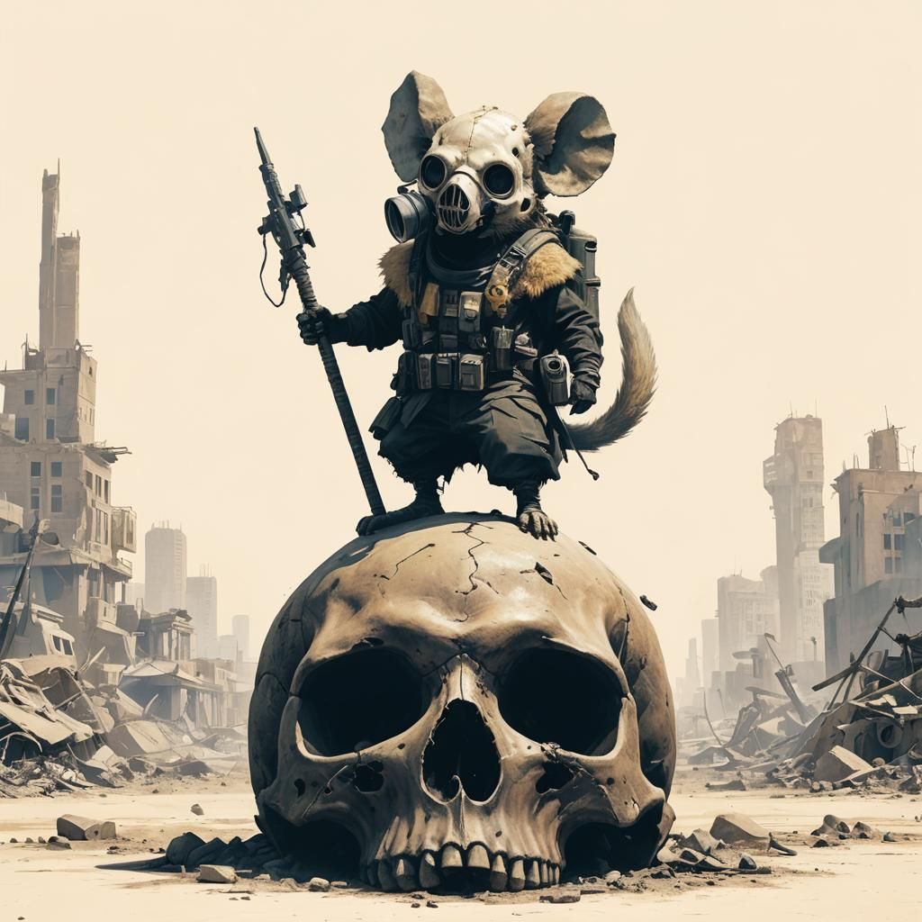 Post-Apocalyptic Rat Warrior on Skull Throne