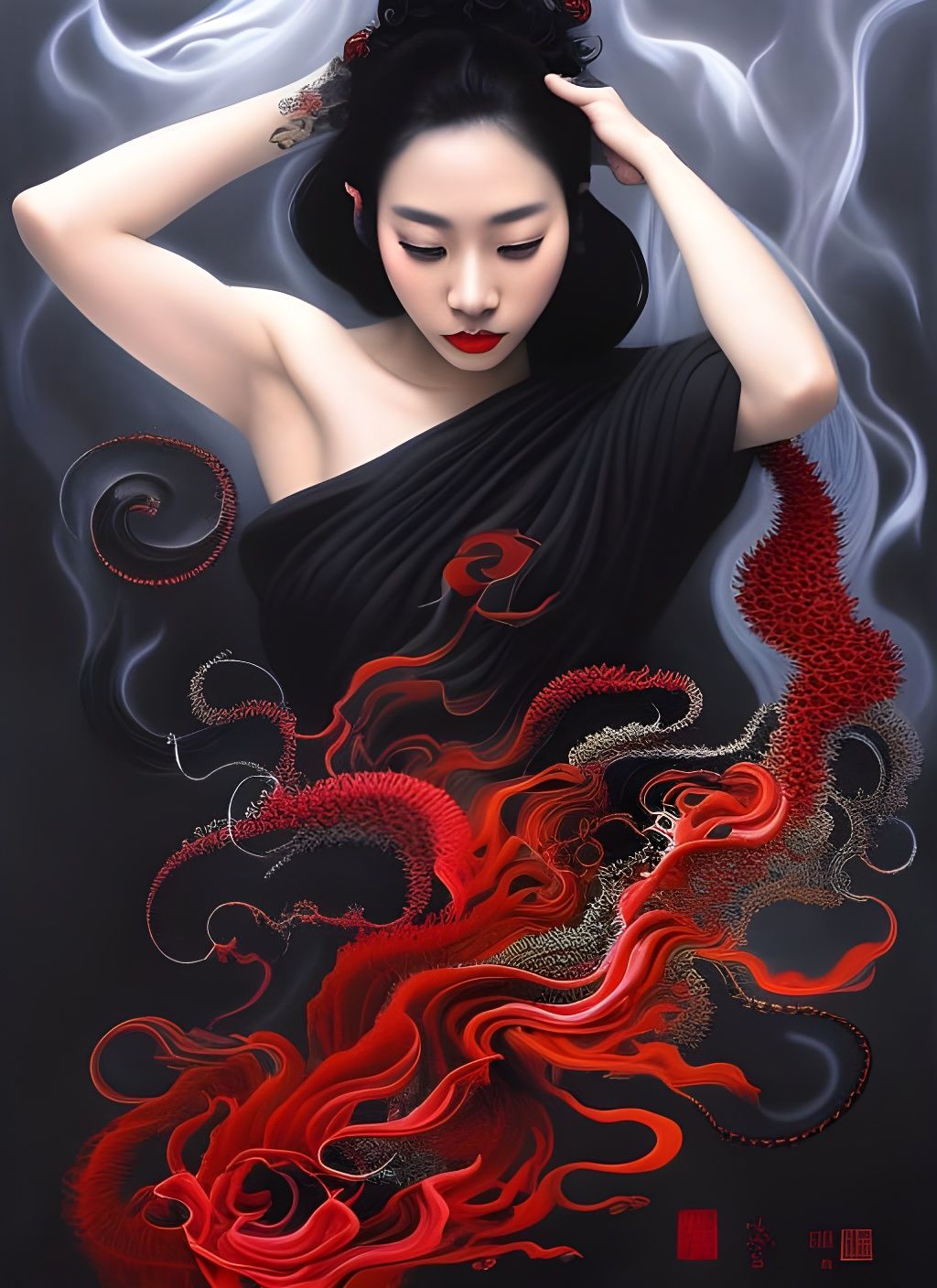 Chinese Woman in Opium Dream: Splash-Color Portrait