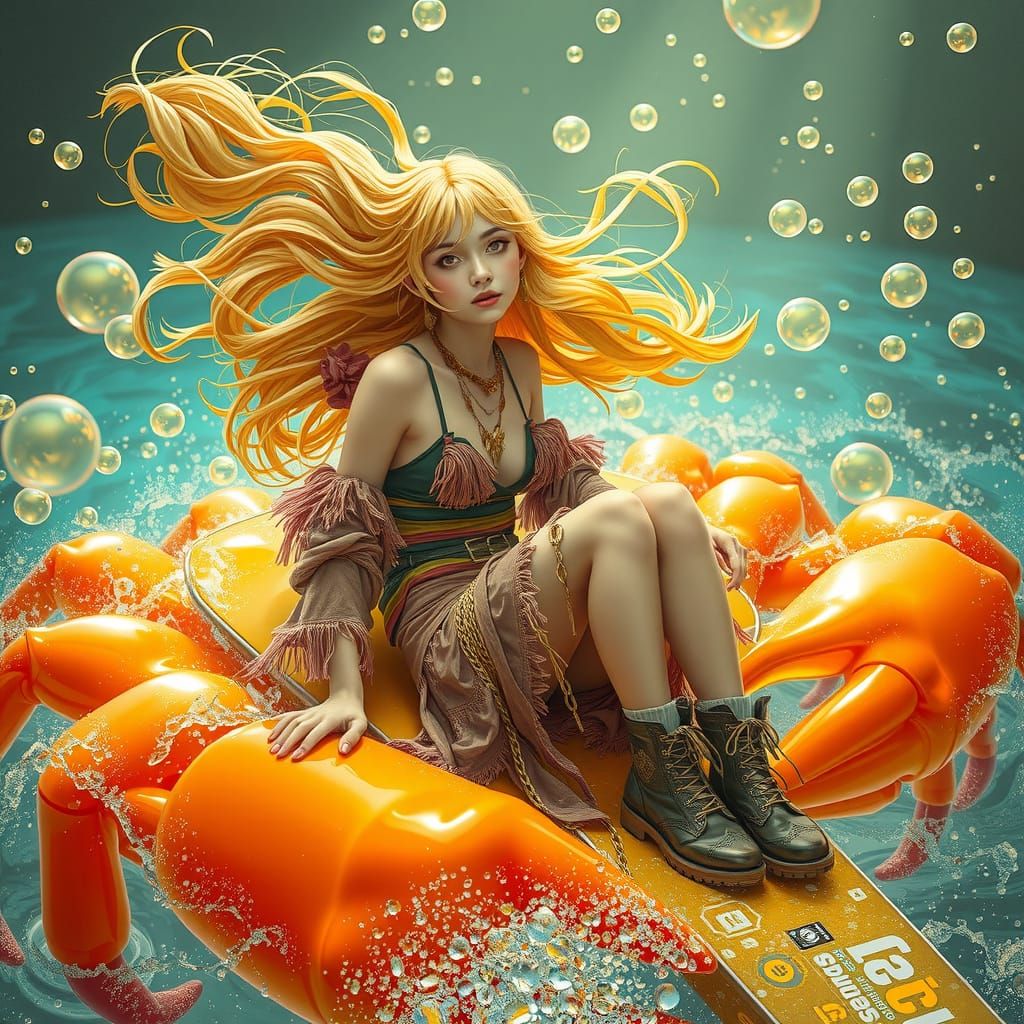 Bohemian Woman Riding Gummy Crab in Soda Sea