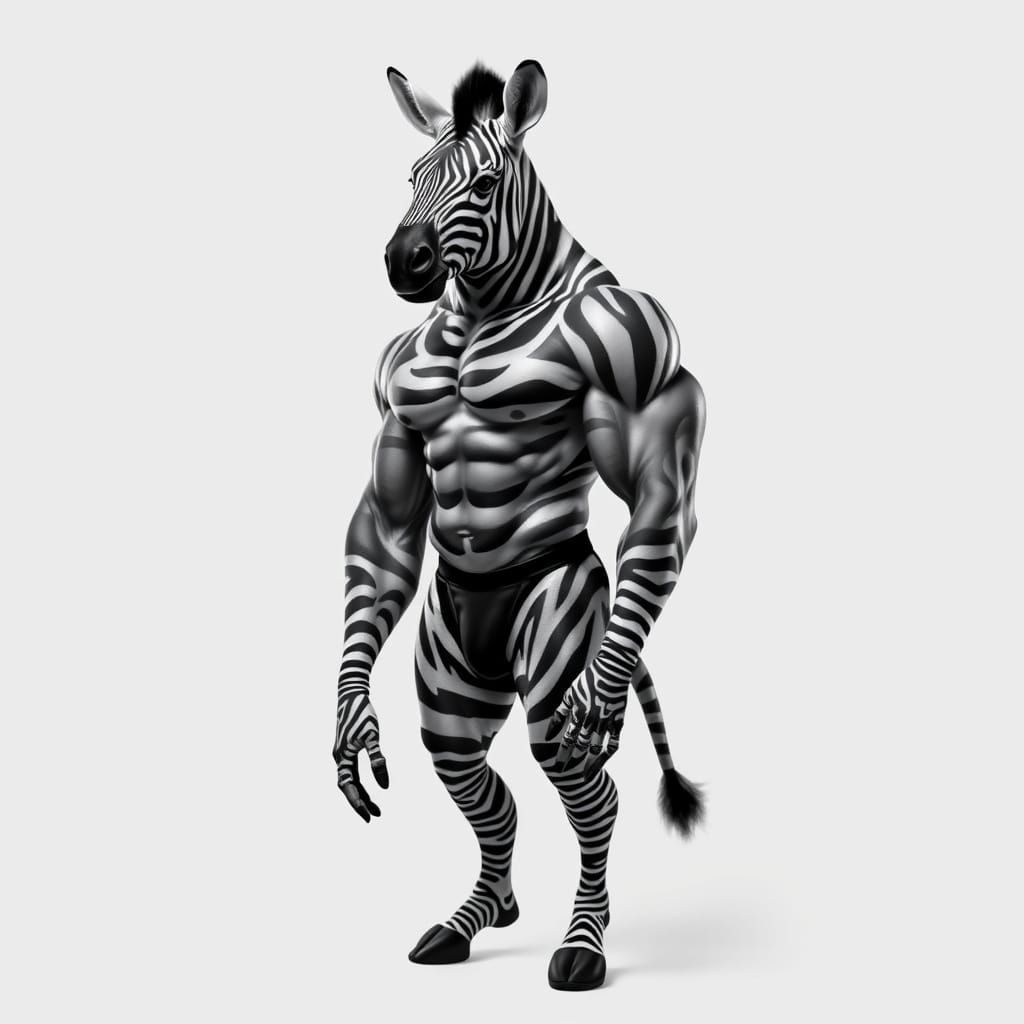 An over-muscled male anthropomorphic zebra, black and white ...