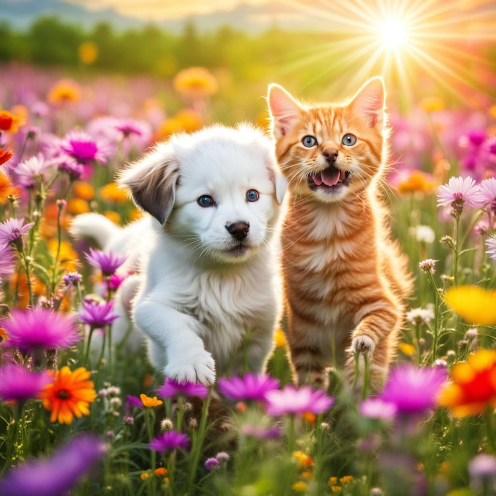 Puppy and Kitten Frolicking in Sunny Flower Field