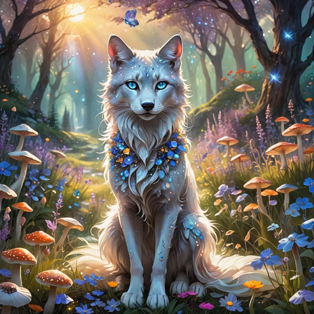 Mythical Wolf-Cat Girl in Dreamlike Landscape