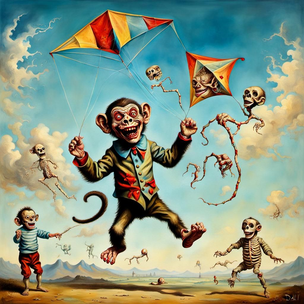 Surreal Zombie Monkey Clowns Fly Human-Skin Kite