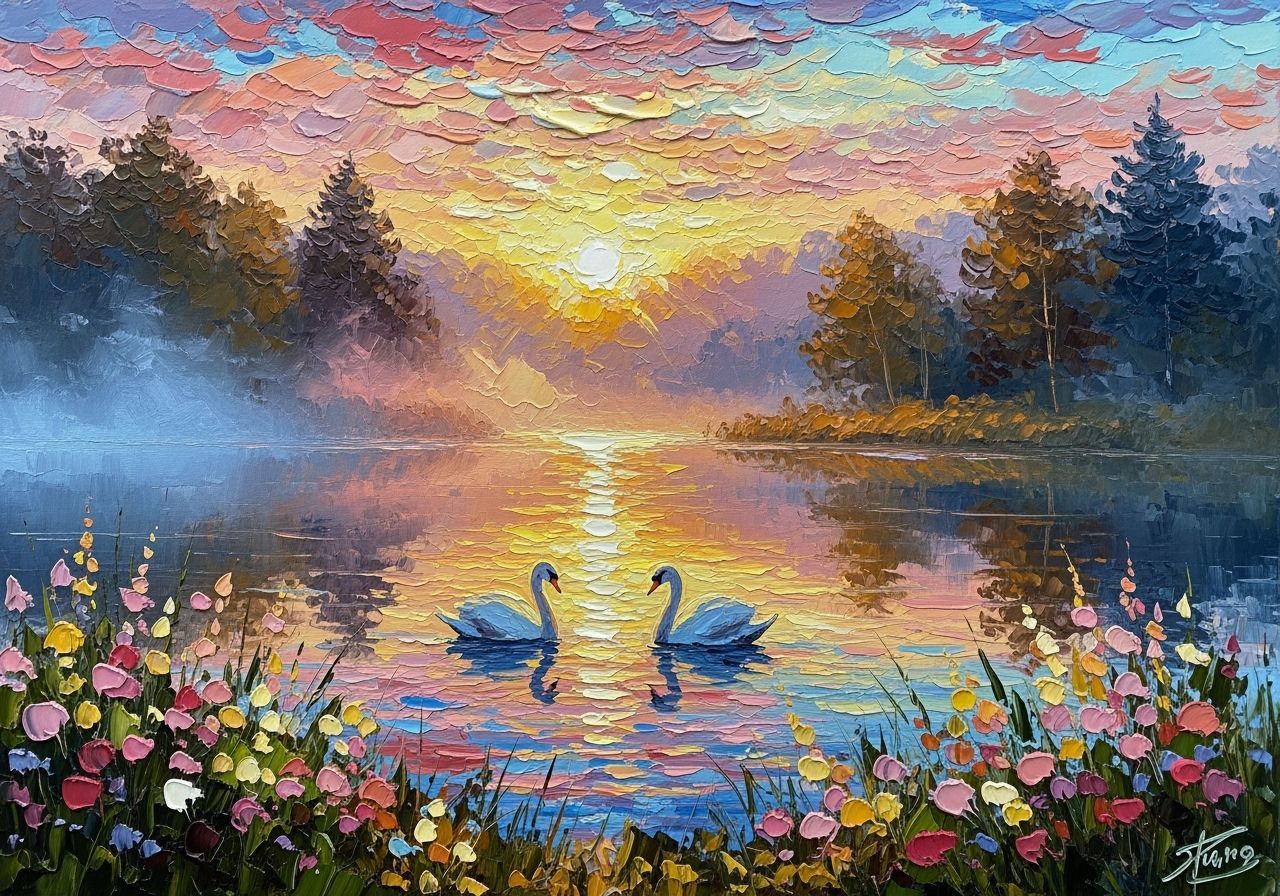Misty Spring Sunrise Over Lake as Impasto Painting