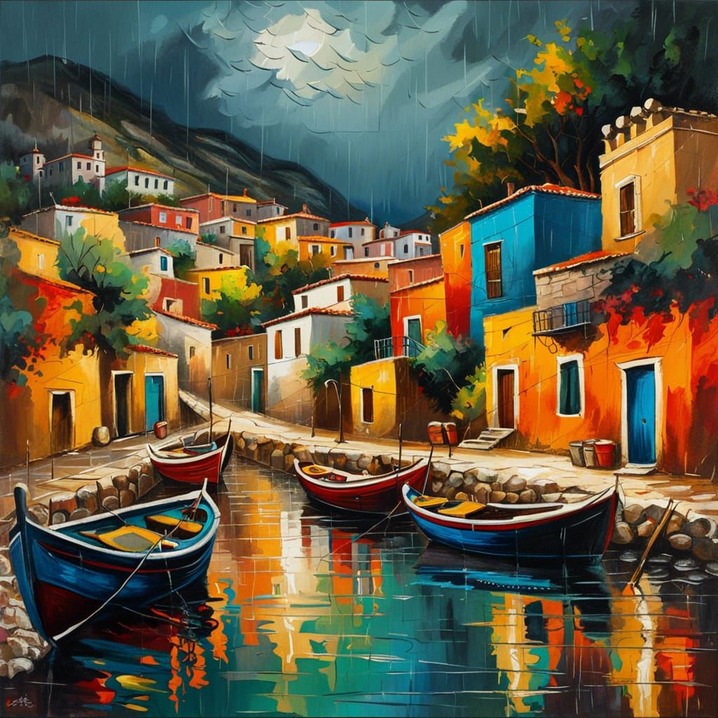 Mediterranean fishing village on a rainy day.