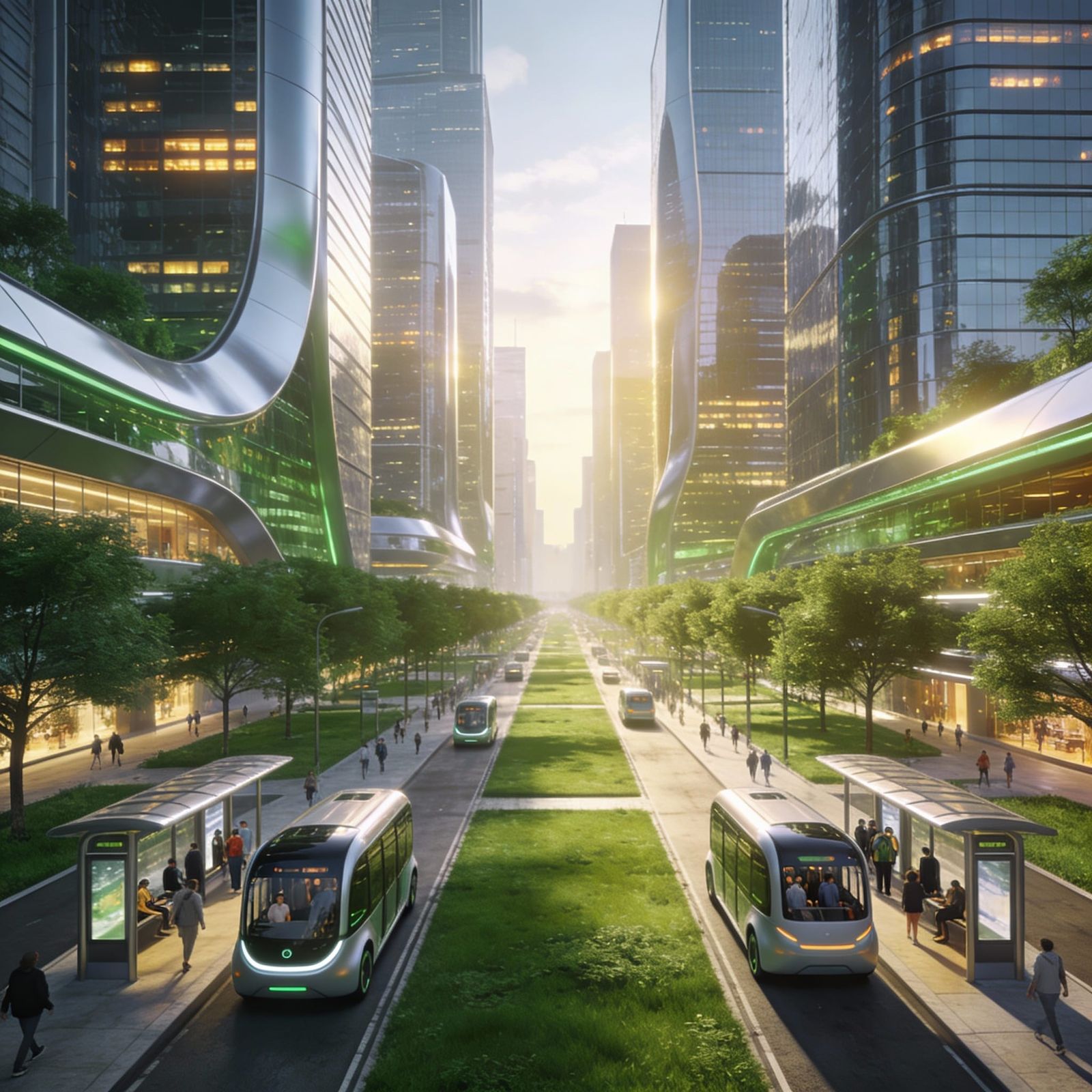 Futuristic Utopian Metropolis with Green Spaces and Transit