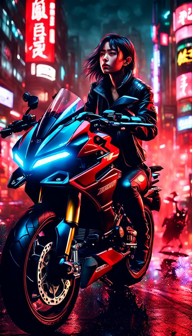 Cyberpunk Woman on Ducati Panigale in Neon City