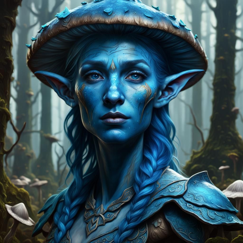 Blue Elf in Mushroom Forest: Fantasy Concept Art