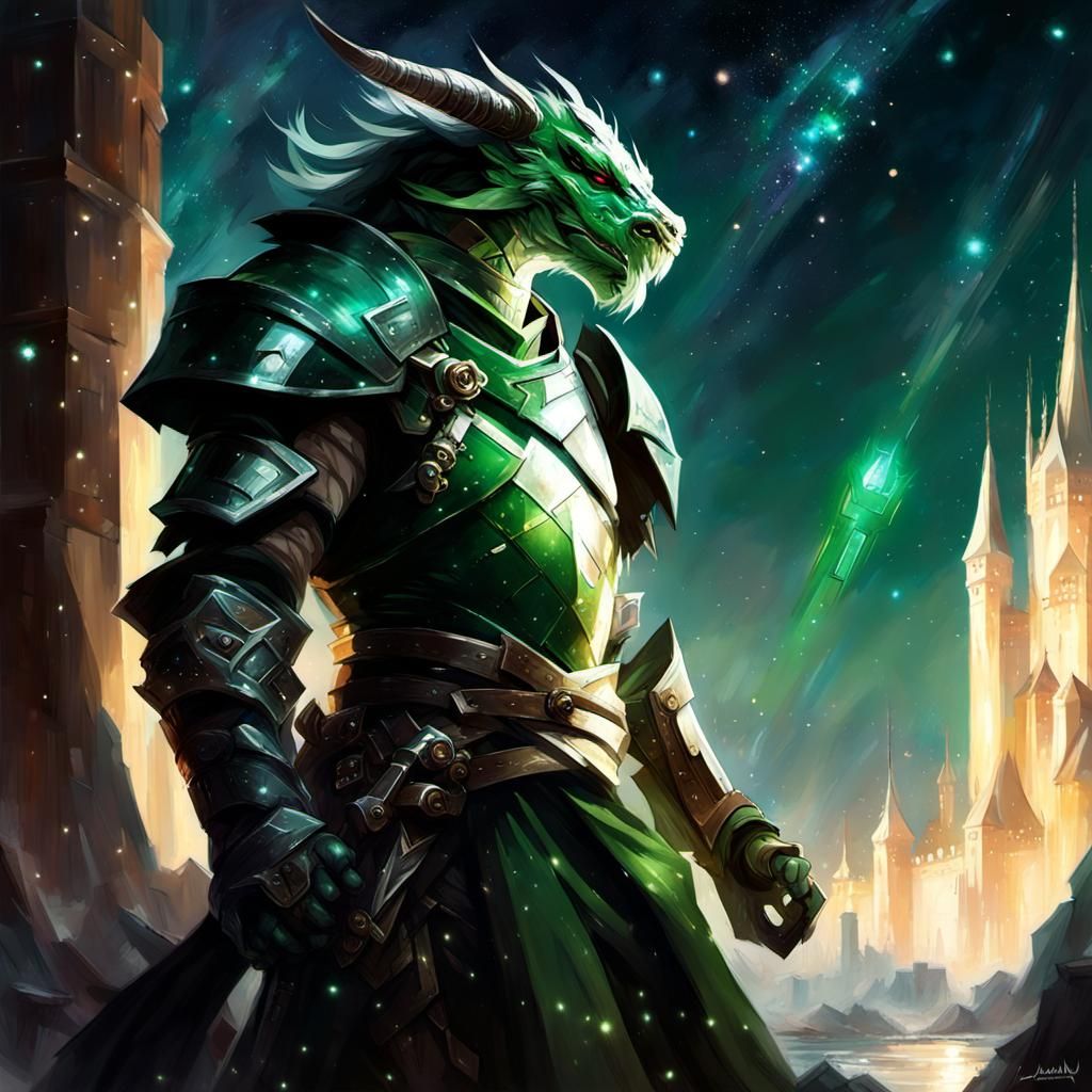 Dragonborn Paladin in Surreal Fantasy Landscape