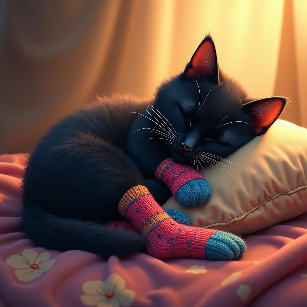 Black Cat's Enchanted Slumber in Fantasy Illustration