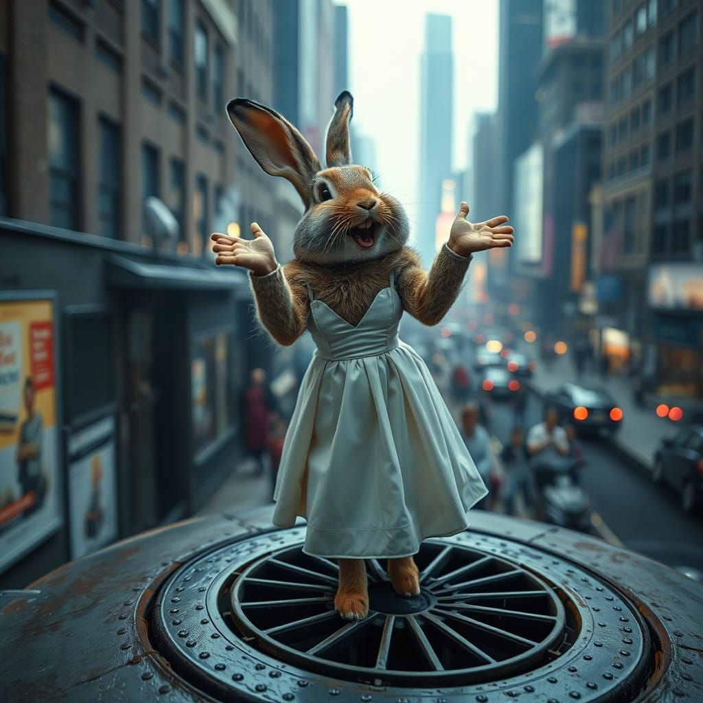 Hyperrealistic Bunny Strikes Marilyn Pose in Cityscape
