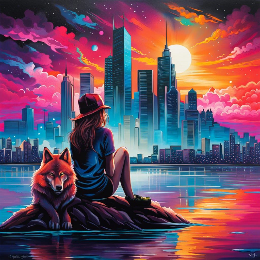 Galaxy Sunset with Woman and Wolf in Graffiti Art