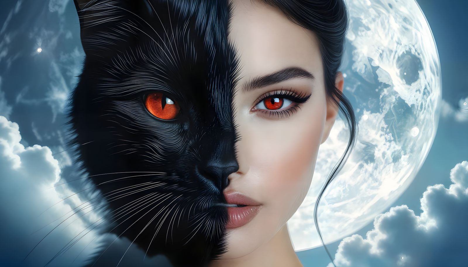 Dual Woman-Cat Face with Blood Moon, Hyperrealistic