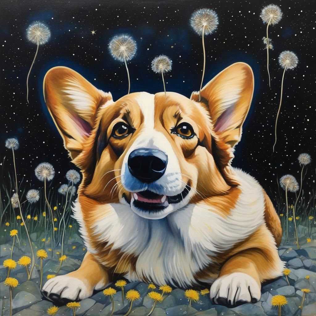 Whimsical Corgi in Dandelion Field, Surreal Style