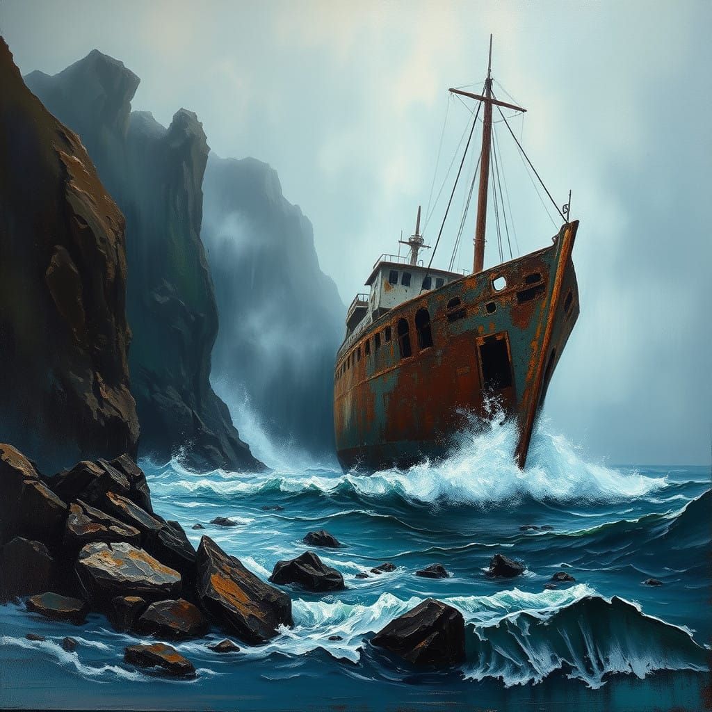 Eerie Stormy Night Shipwreck Scene in Neo-Expressionist Styl...