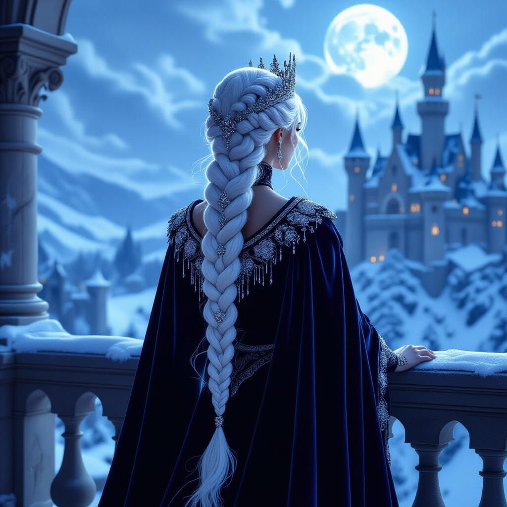 Regal Queen in Snow-Covered Castle Balcony