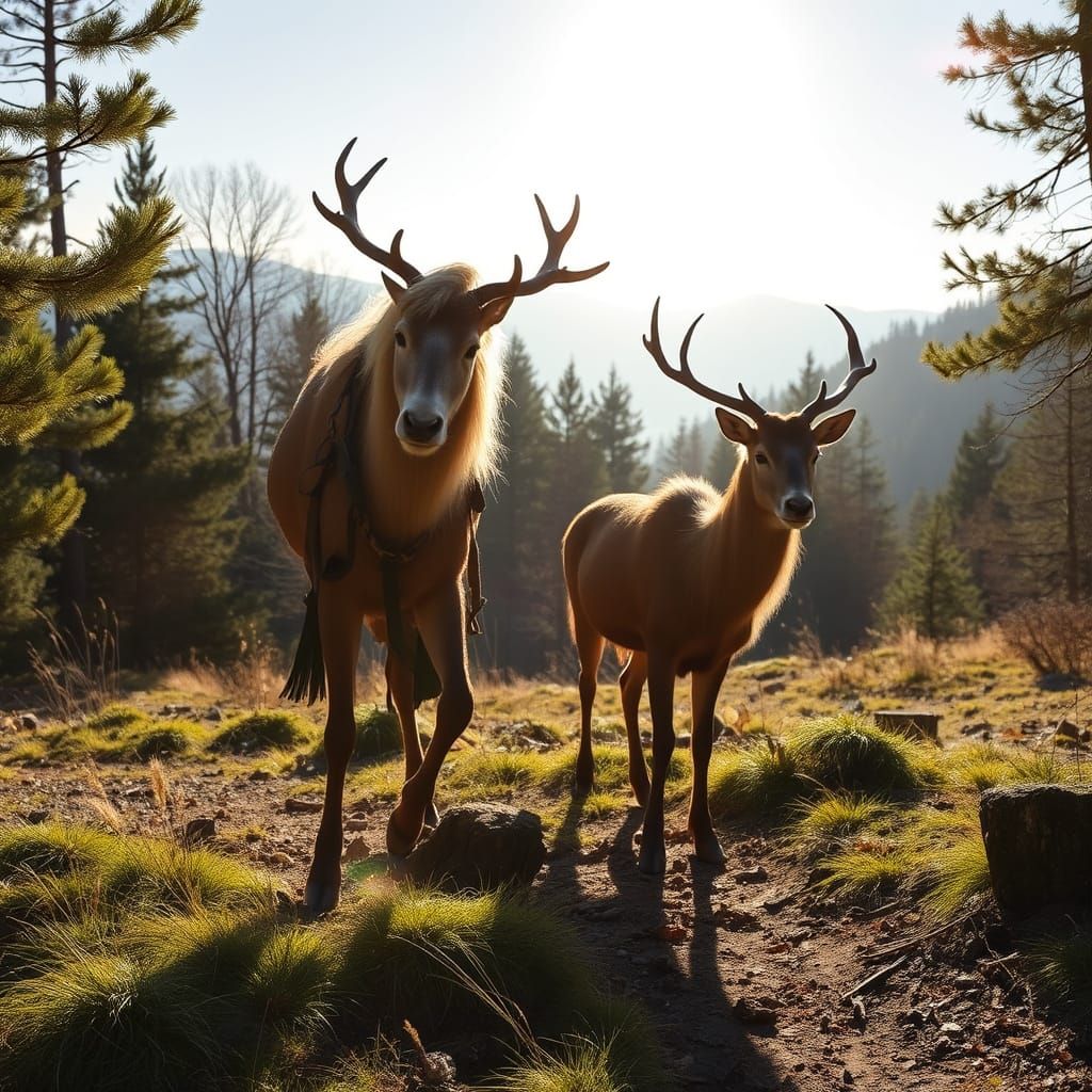 Sage Forest Wizard Cares for a Majestic Stag in Sunny Woodla...