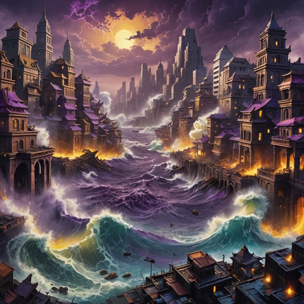 Dark Fantasy Tsunami Crashing on Metropolis