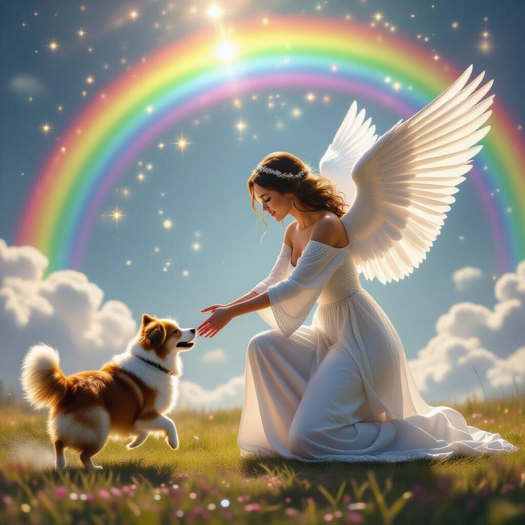 Angel Reaches Out to Dog in Rainbow Glitter