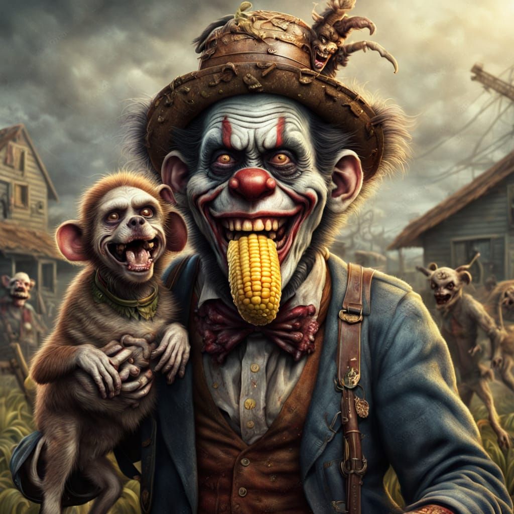 Zombie Monkey Clown Farmer with Dog