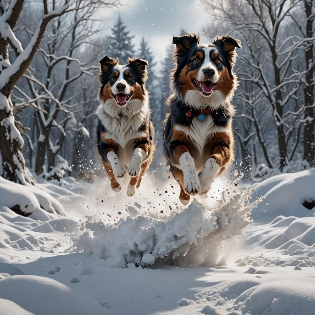 Australian Shepherd Runs Through Snowy Landscape
