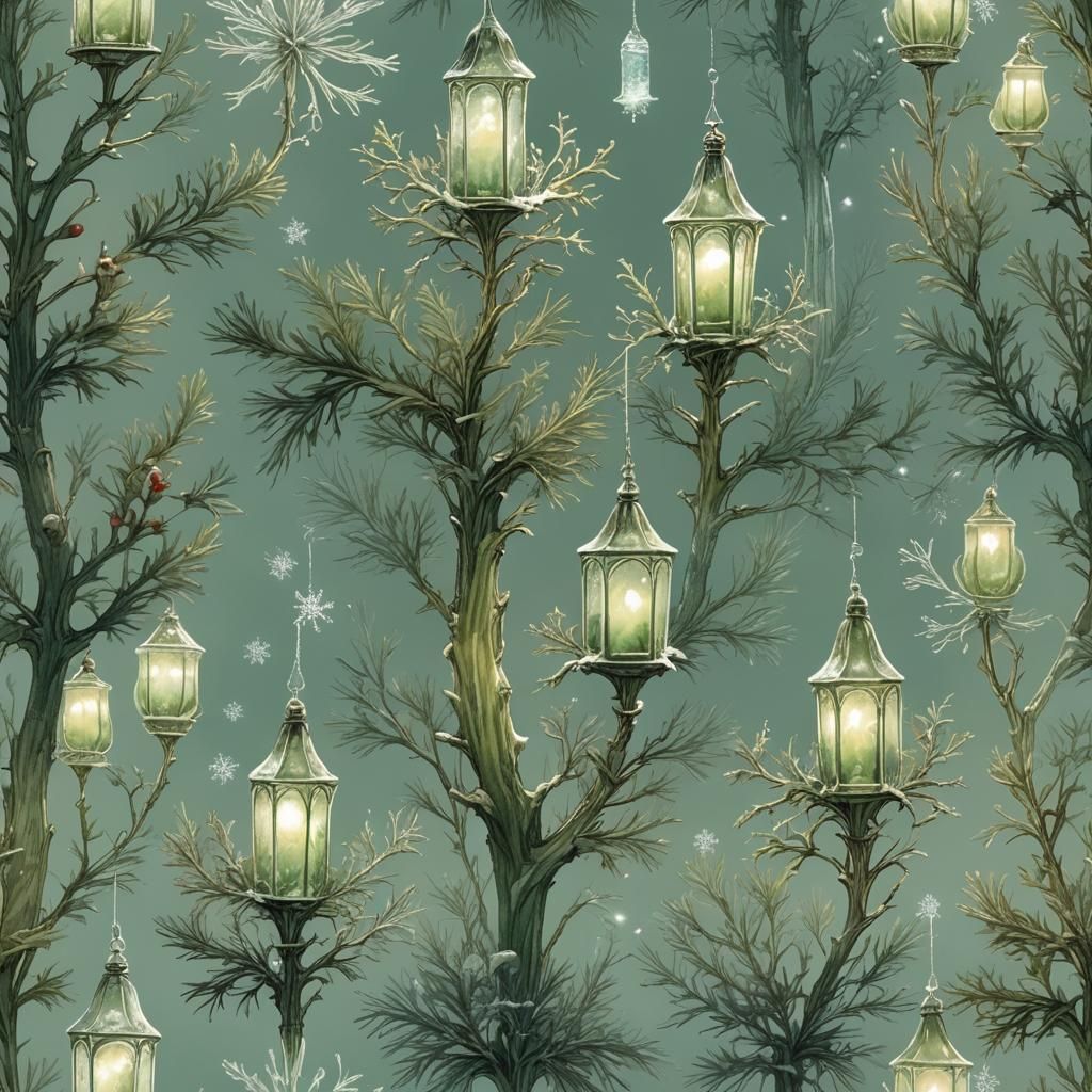 Whimsical Evergreen Lamp in Vintage Illustration Style