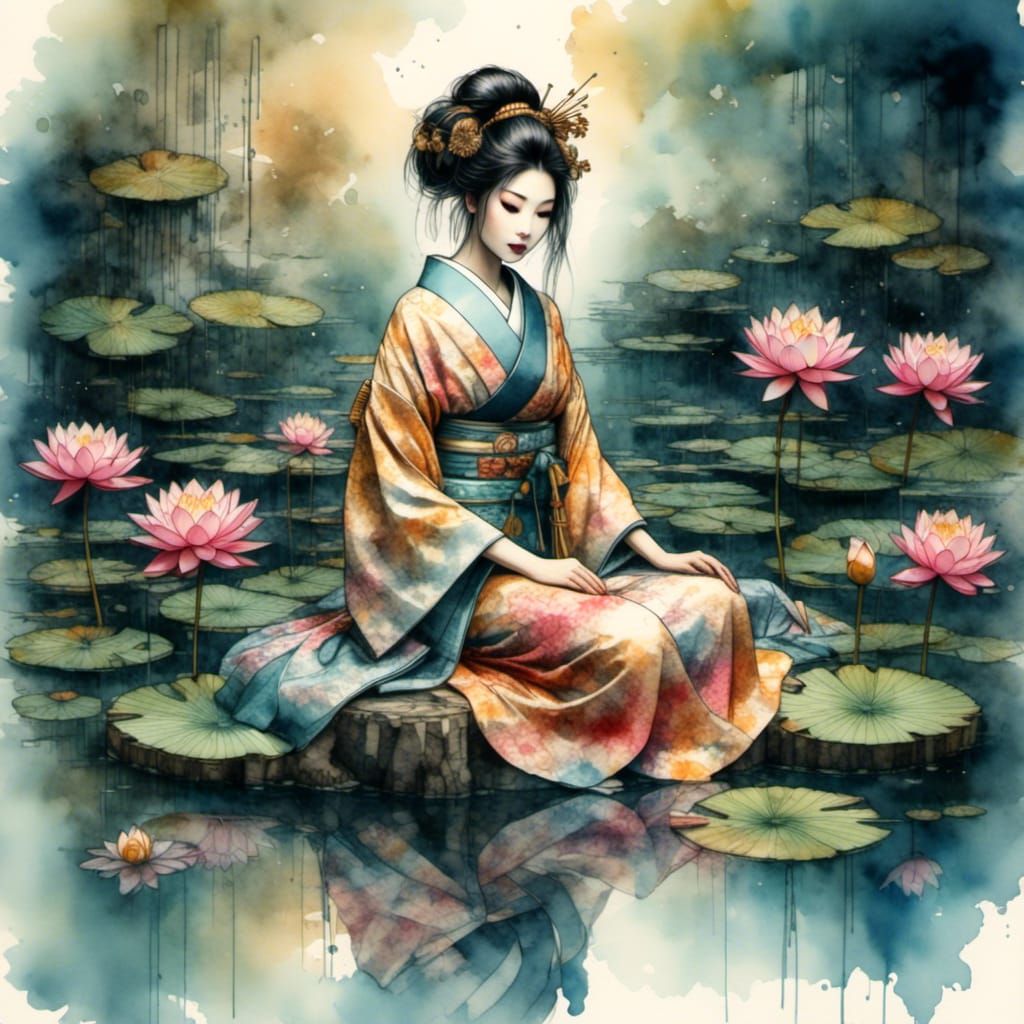 Geisha by Lotus Pond in Watercolor Style