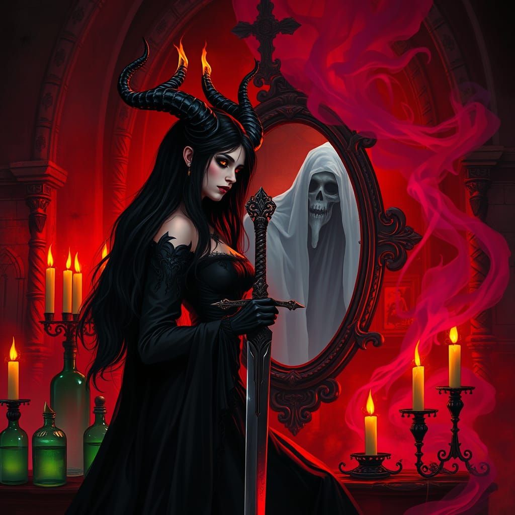 Gothic Princess in Red Lit Church, Dark Fantasy Scene