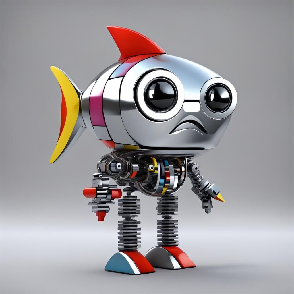 Adorable Cubist Cartoon Fish-Robot in Silver and Black