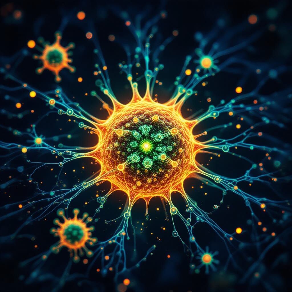 Vivid Neon Biological Cells Under Fluorescence Microscope